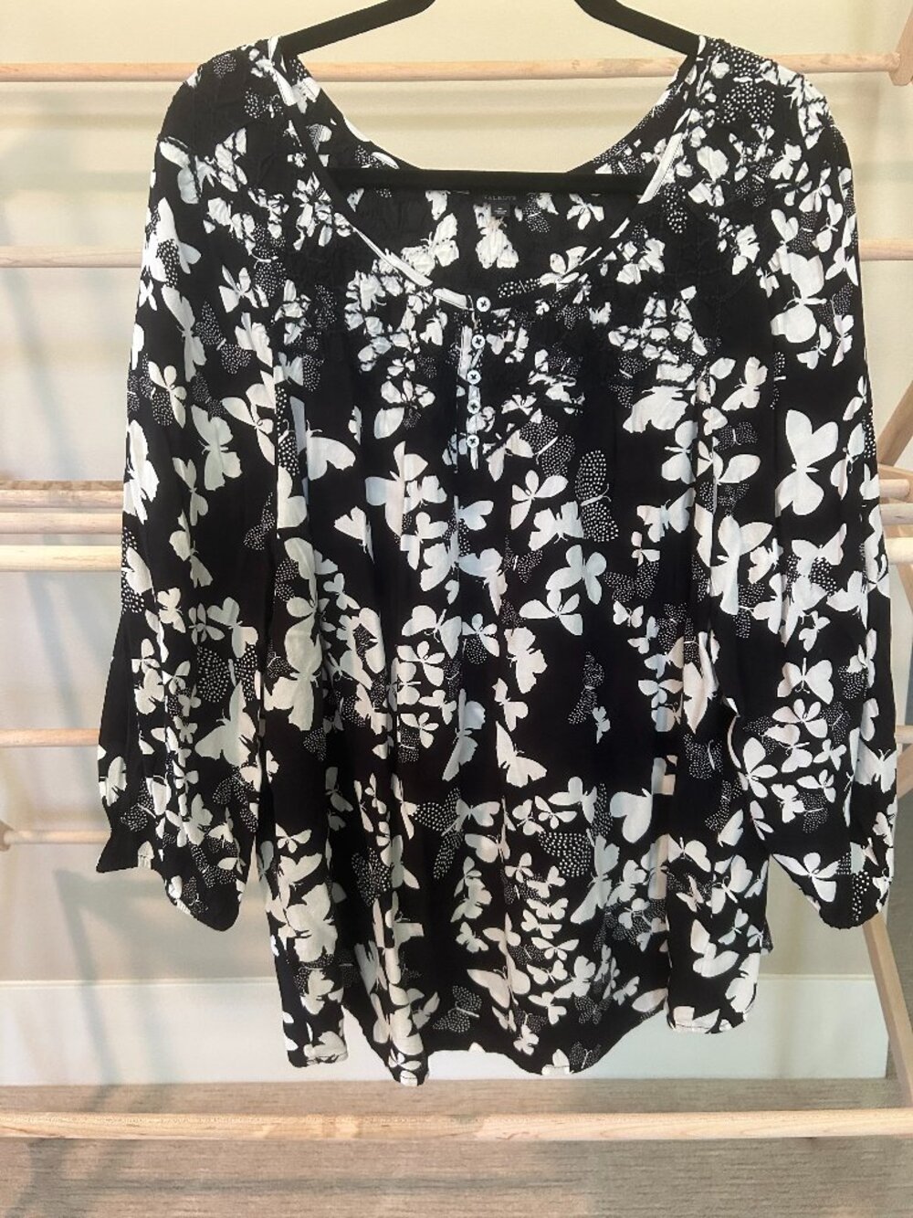 NWT Talbots Black White Dotted Butterfly Smocked Yoke 3/4 Sleeve Blouse XL